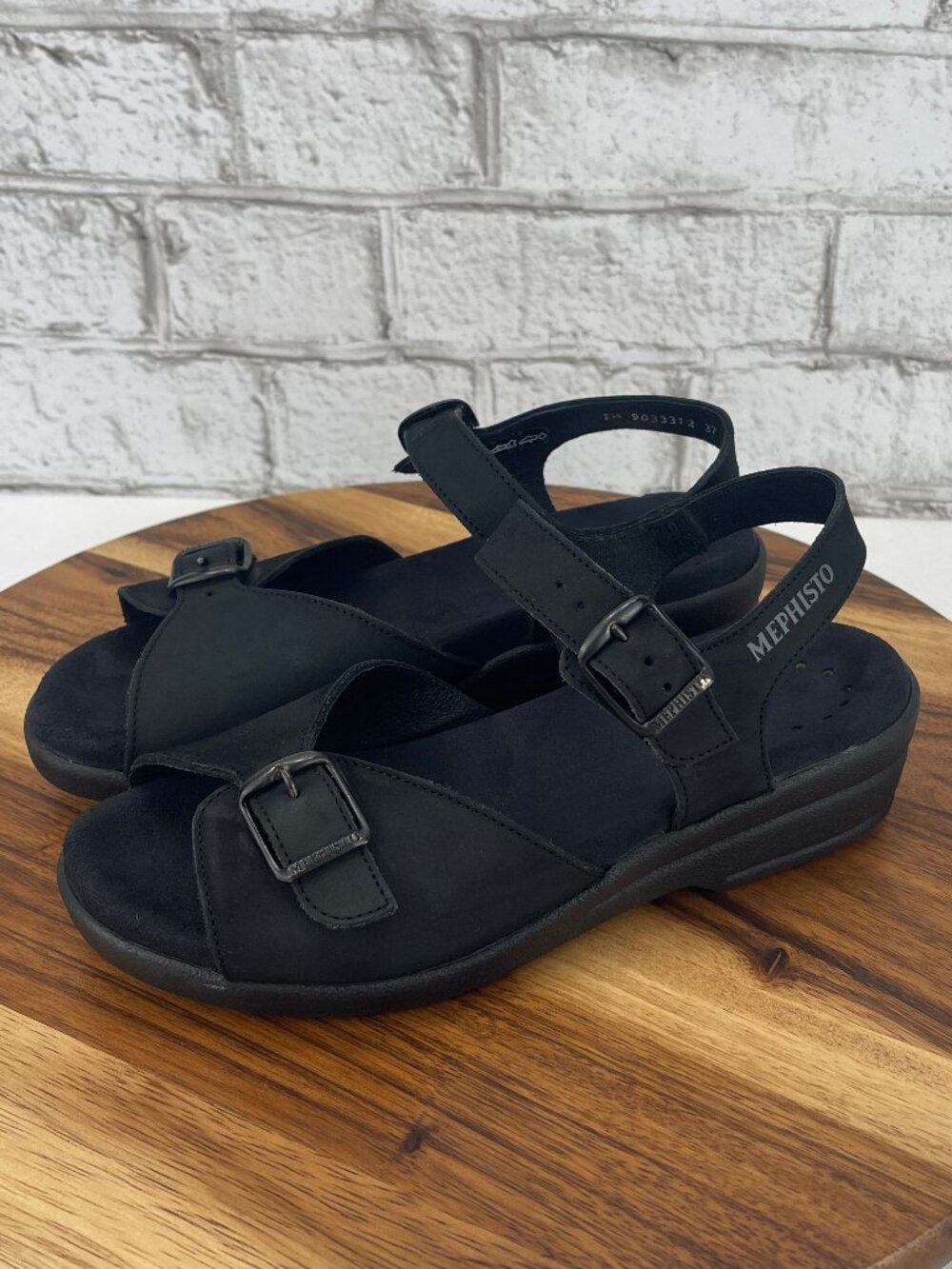 Mephisto Mobils Womens 6/37 Black Nubuck Leather Adjustable Strap Wedge Sandals